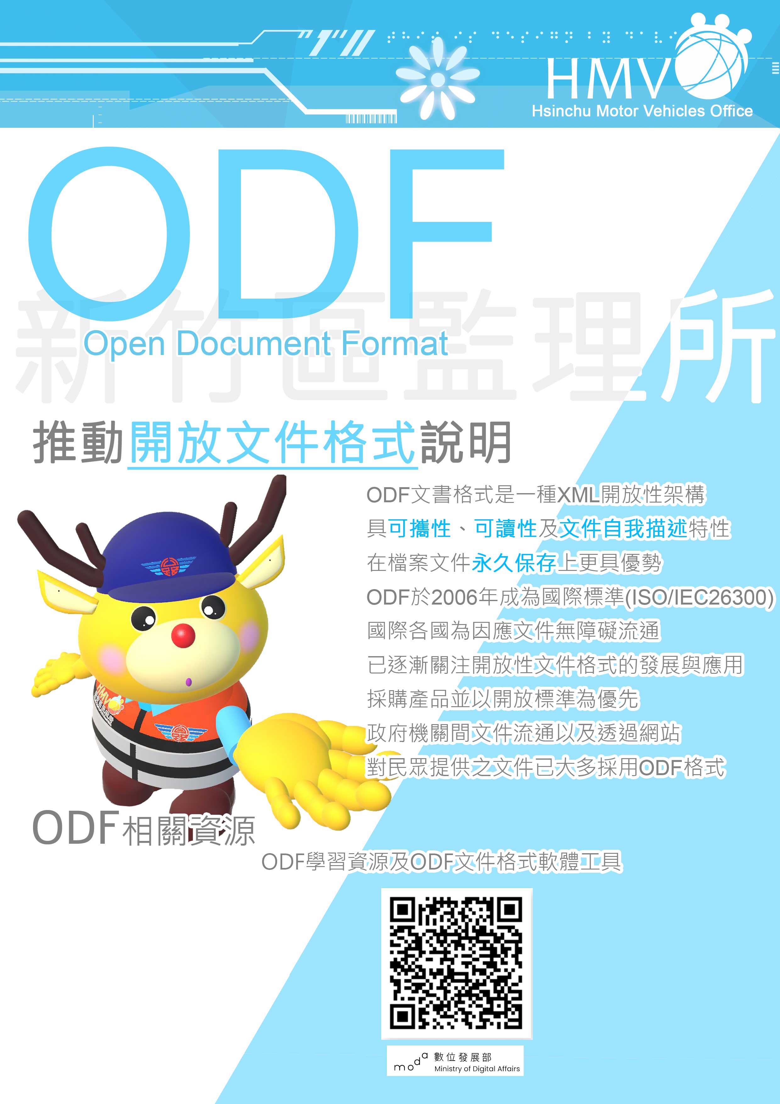 推動開放文件格式:ODF是XML開放性架構具可攜性可讀性及文件自我描述性在檔案永久保存上具優勢ODF於2006年成為國際標準(ISO/IEC26300)國際為因應文件無障礙均關注開放文件格式發展與應用採購開放標準感品優先政府機關文件流通及網站提供文件多採用ODF格式